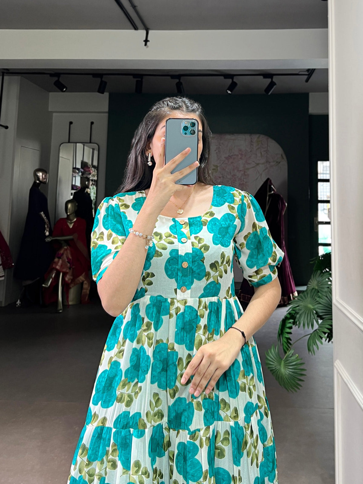 Floral Printed Vichitra Silk Tiered Frock Dress