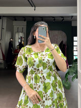 Floral Printed Vichitra Silk Tiered Frock Dress