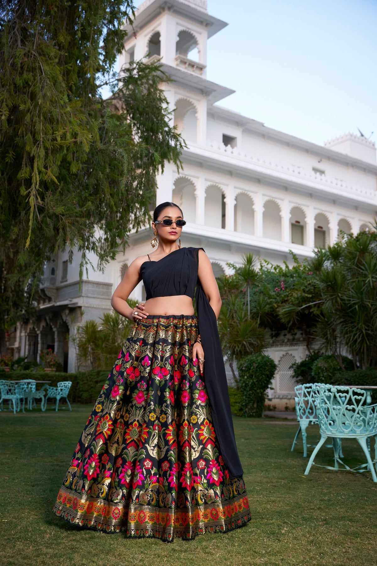 Black & Multi-Color Banarasi Silk Zari Weaving Designer Lehenga Choli with Attached Dupatta Blouse Set