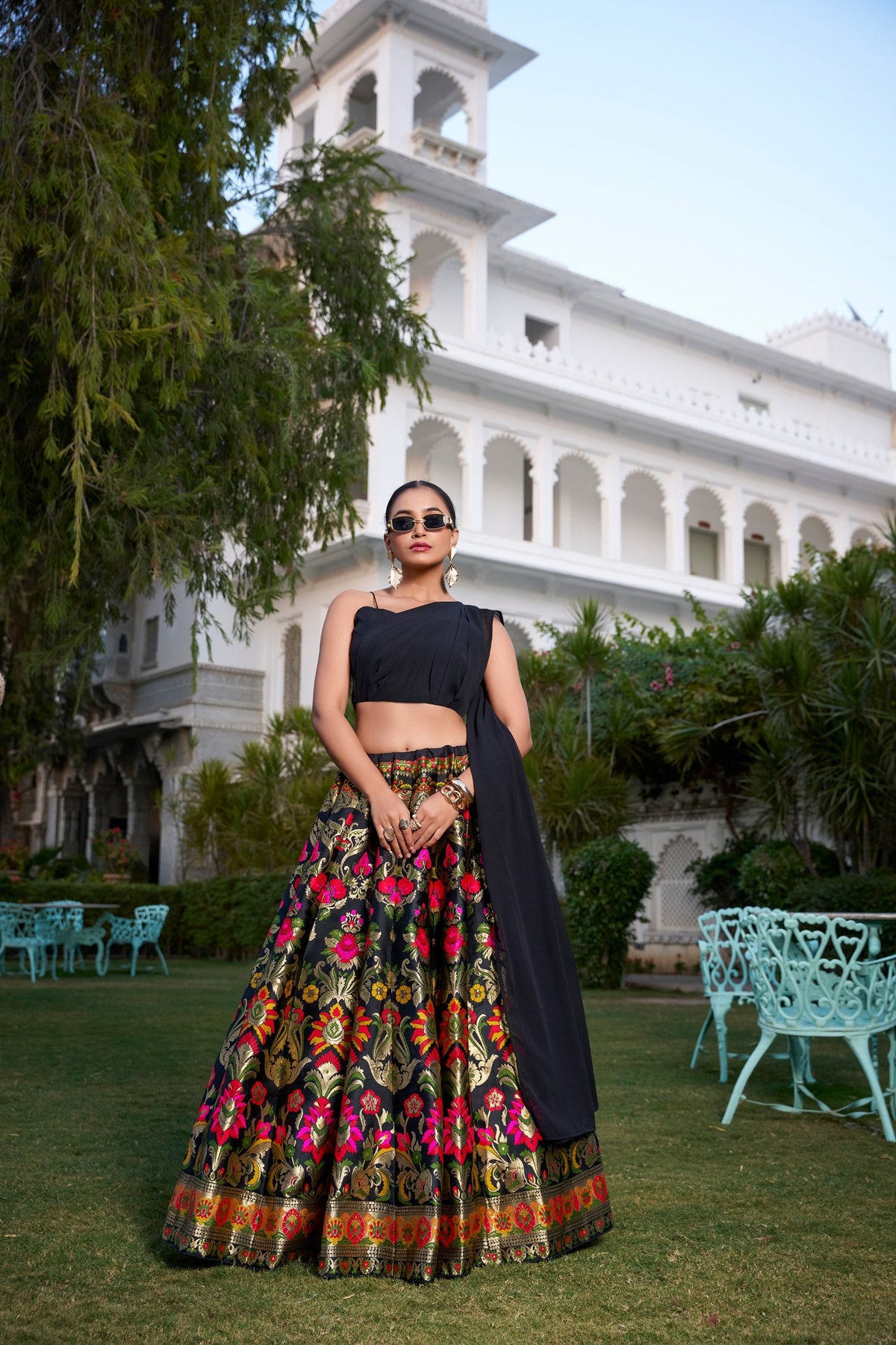Black & Multi-Color Banarasi Silk Zari Weaving Designer Lehenga Choli with Attached Dupatta Blouse Set