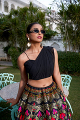 Black & Multi-Color Banarasi Silk Zari Weaving Designer Lehenga Choli with Attached Dupatta Blouse Set