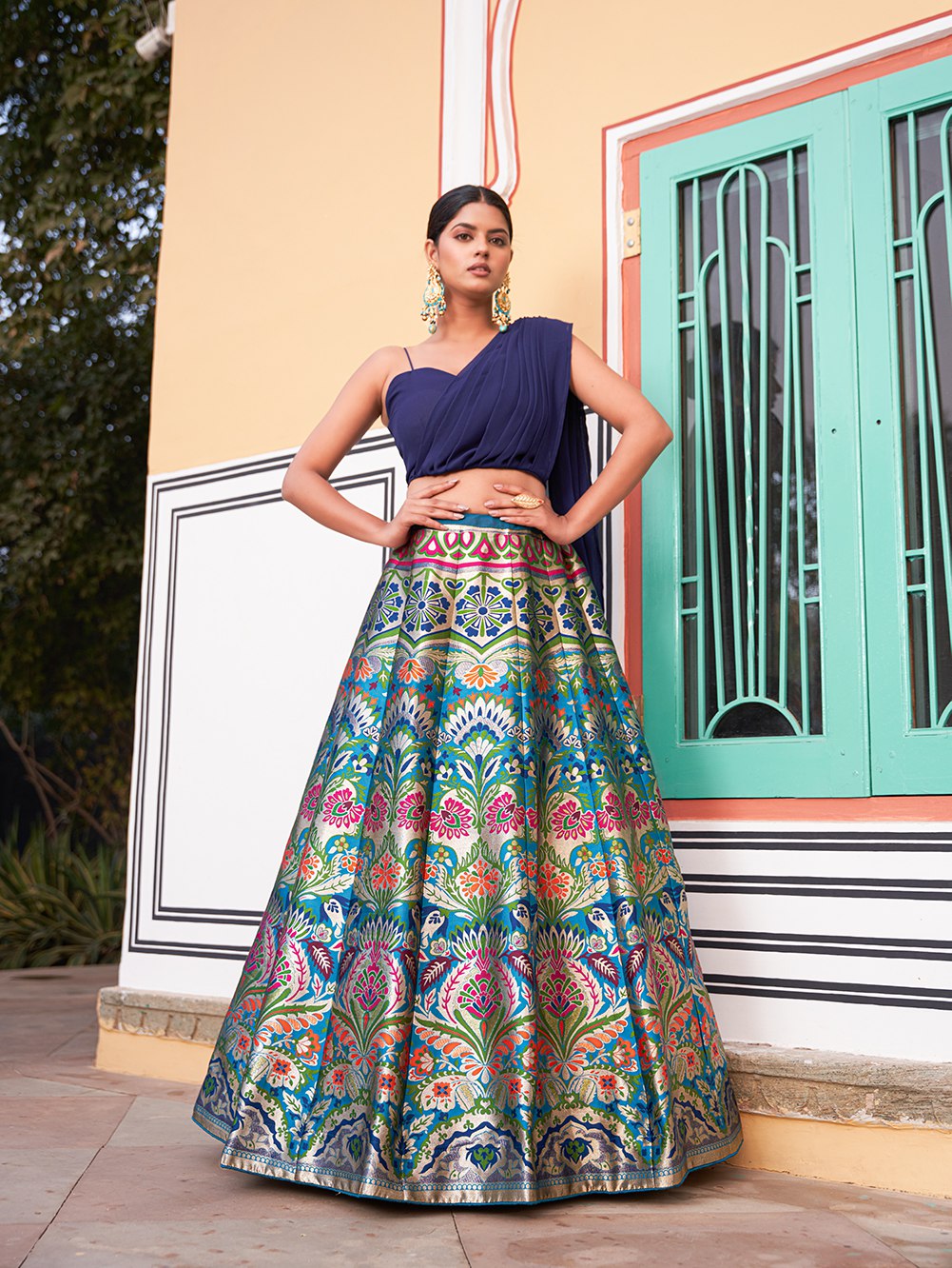 Blue & Multi-Color Banarasi Silk Zari Weaving Designer Lehenga Choli with Attached Dupatta Blouse Set