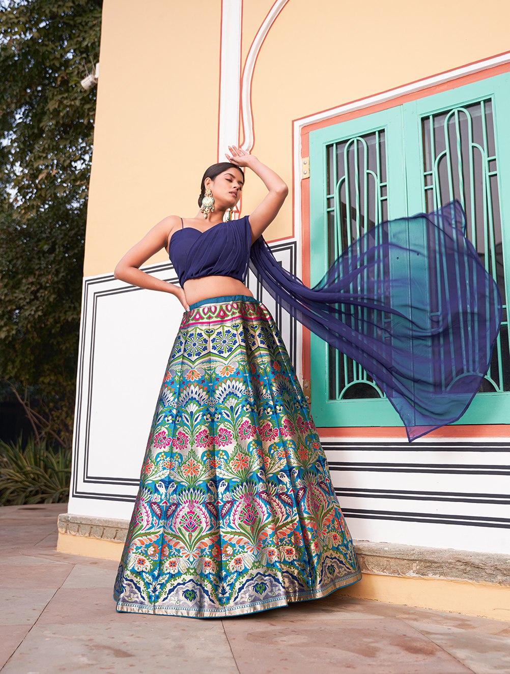 Blue & Multi-Color Banarasi Silk Zari Weaving Designer Lehenga Choli with Attached Dupatta Blouse Set