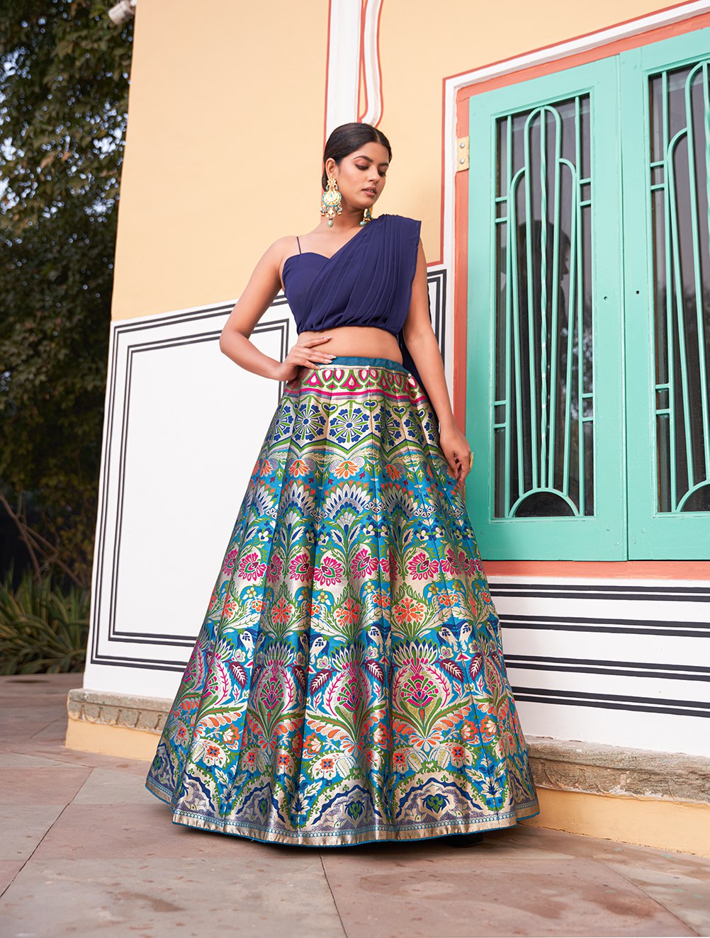 Blue & Multi-Color Banarasi Silk Zari Weaving Designer Lehenga Choli with Attached Dupatta Blouse Set
