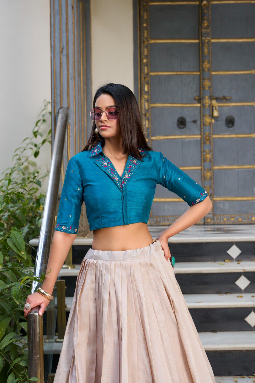 Beige & Blue Floral Printed Tussar Silk Designer Lehenga Choli with Teal Blue Banglory Silk Handwork Blouse