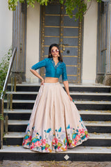 Beige & Blue Floral Printed Tussar Silk Designer Lehenga Choli with Teal Blue Banglory Silk Handwork Blouse