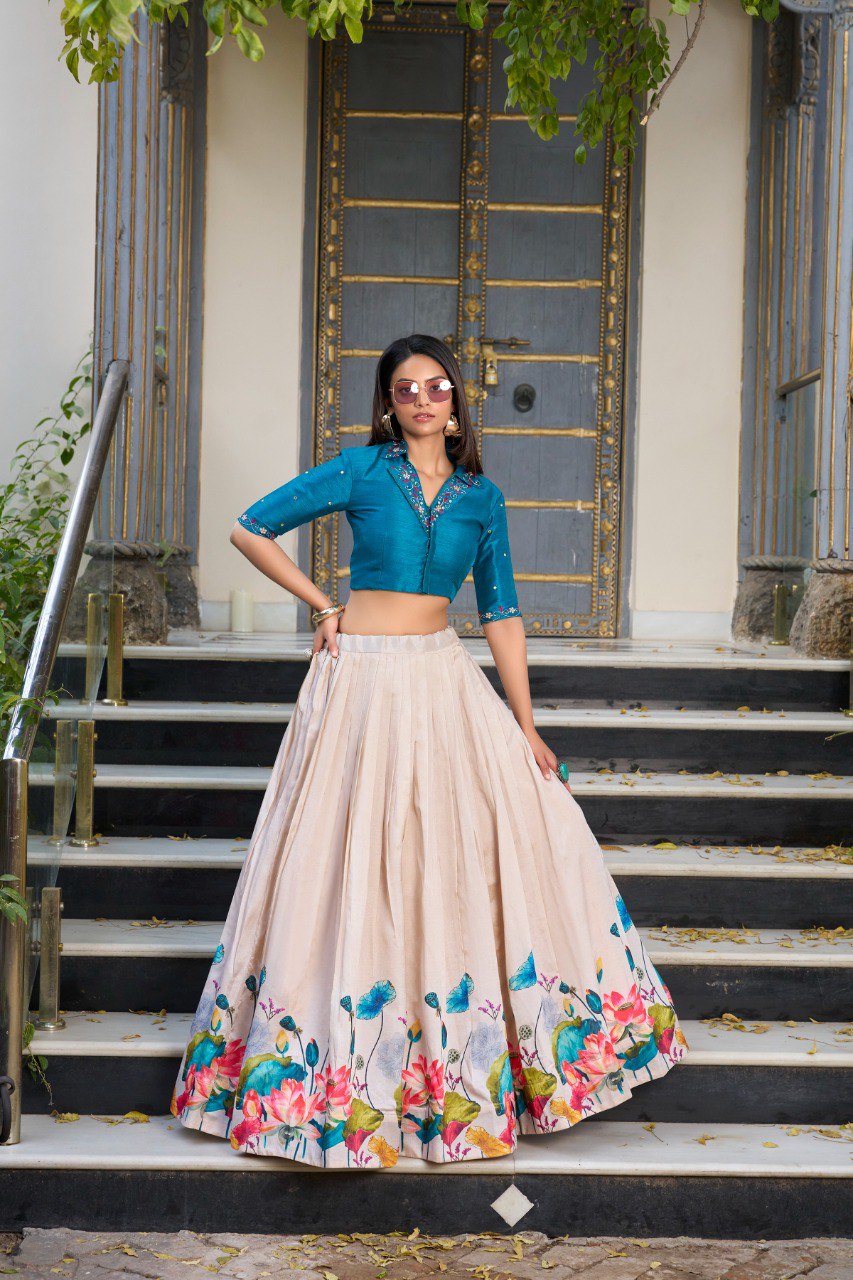 Beige & Blue Floral Printed Tussar Silk Designer Lehenga Choli with Teal Blue Banglory Silk Handwork Blouse
