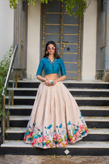 Beige & Blue Floral Printed Tussar Silk Designer Lehenga Choli with Teal Blue Banglory Silk Handwork Blouse