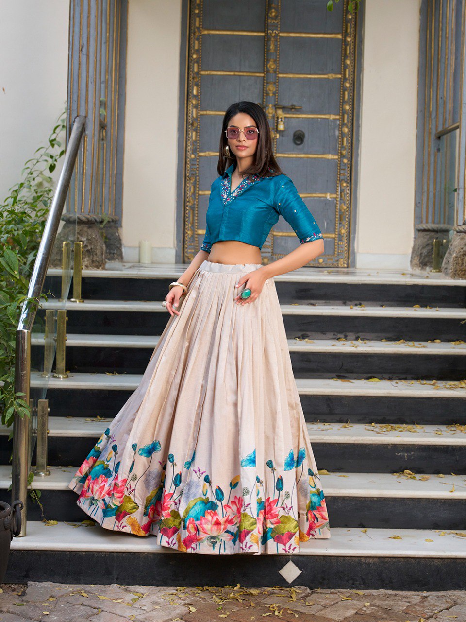 Beige & Blue Floral Printed Tussar Silk Designer Lehenga Choli with Teal Blue Banglory Silk Handwork Blouse
