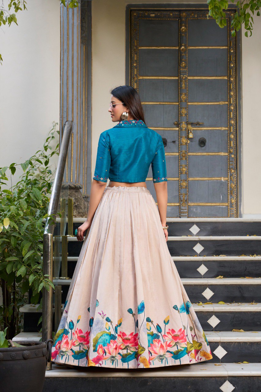 Beige & Blue Floral Printed Tussar Silk Designer Lehenga Choli with Teal Blue Banglory Silk Handwork Blouse