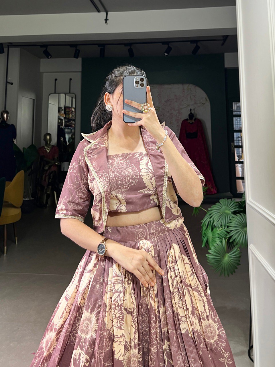 Designer Floral Print Tasar Silk Co-Ord Lehenga Set with Matching Blouse & Koti