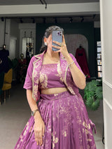 Designer Floral Print Tasar Silk Co-Ord Lehenga Set with Matching Blouse & Koti