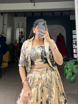 Designer Floral Print Tasar Silk Co-Ord Lehenga Set with Matching Blouse & Koti