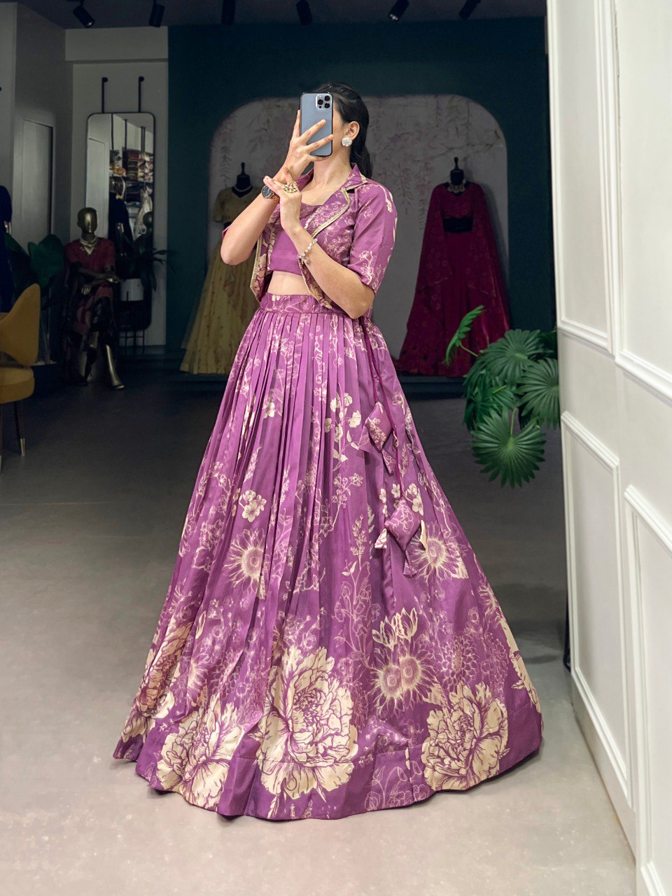 Designer Floral Print Tasar Silk Co-Ord Lehenga Set with Matching Blouse & Koti