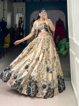 Designer Floral Print Tasar Silk Co-Ord Lehenga Set with Matching Blouse & Koti