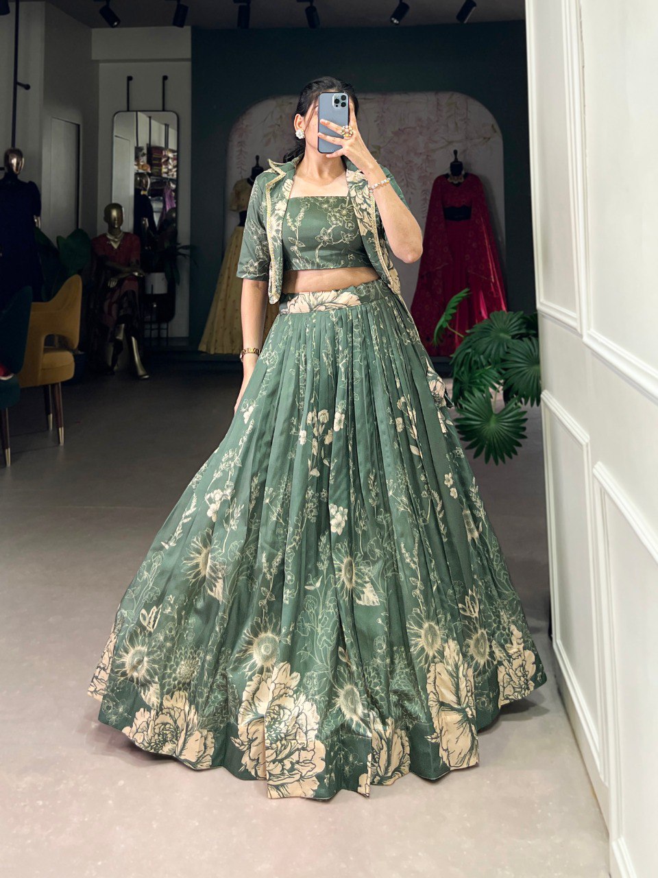Designer Floral Print Tasar Silk Co-Ord Lehenga Set with Matching Blouse & Koti