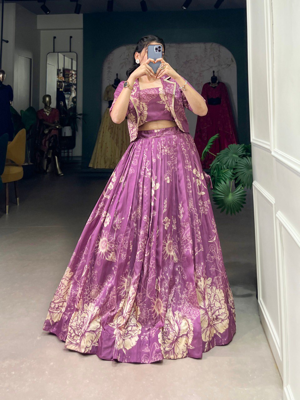 Designer Floral Print Tasar Silk Co-Ord Lehenga Set with Matching Blouse & Koti