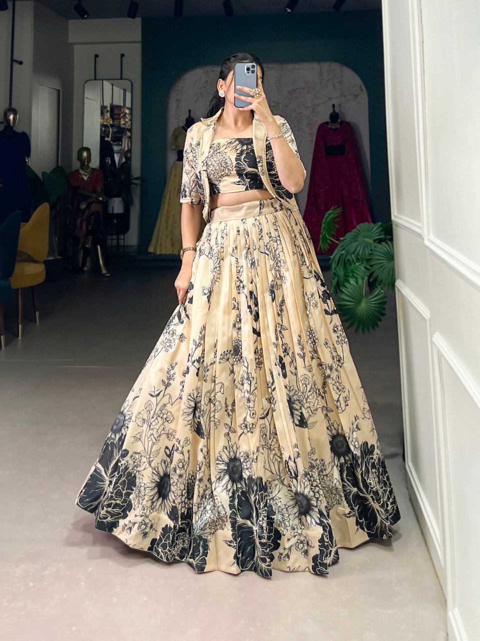 Designer Floral Print Tasar Silk Co-Ord Lehenga Set with Matching Blouse & Koti