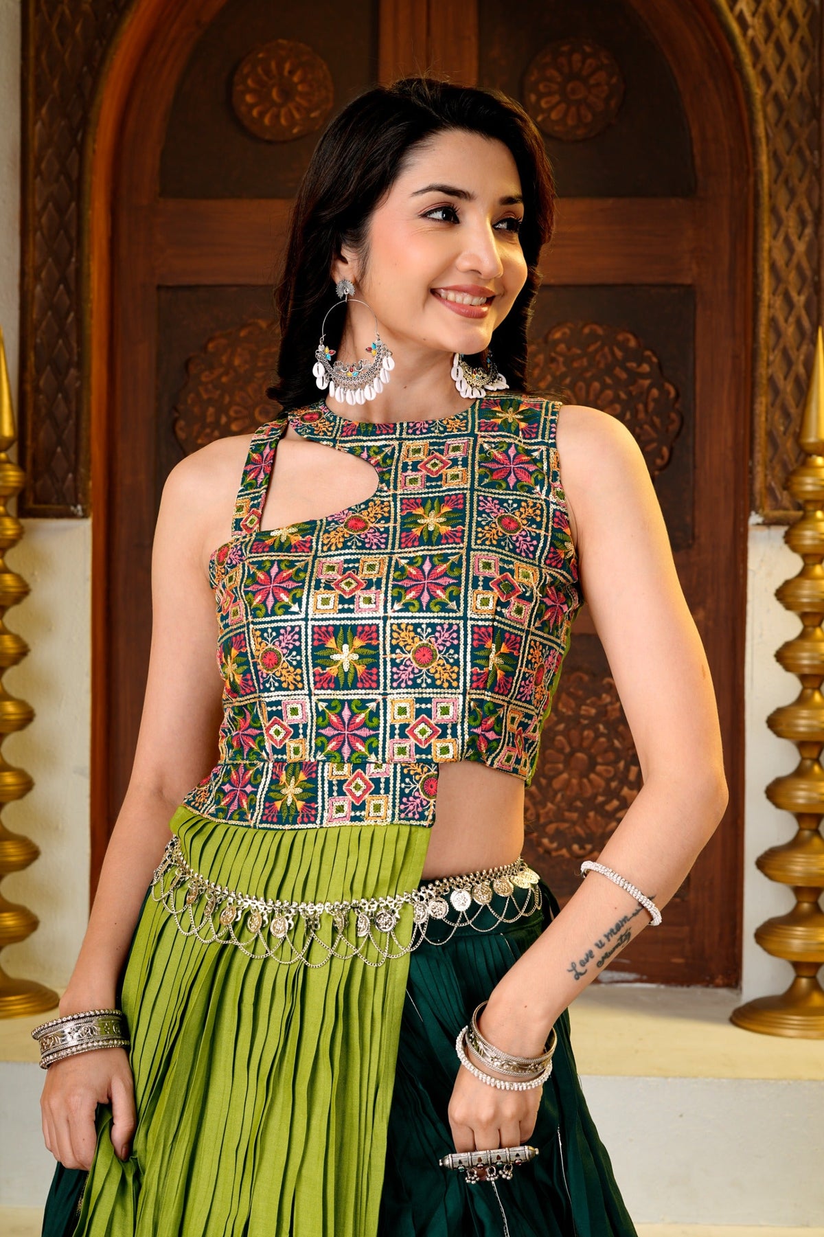 Bottle Green & Lime Green Pure Cotton Designer Lehenga Choli with Heavy Thread & Sequence Work