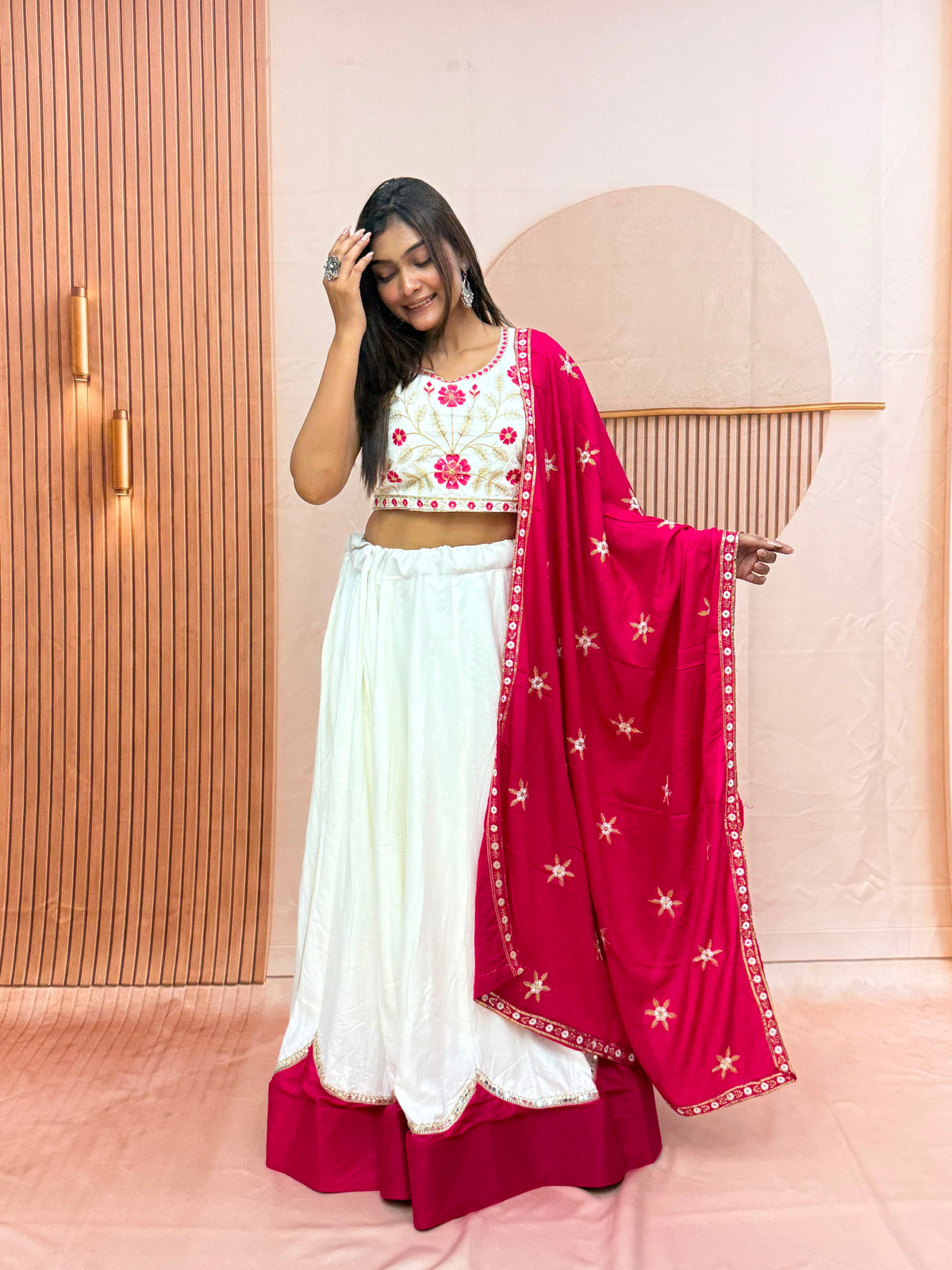 White & Magenta Pure Cotton Designer Lehenga Choli with Sequence Lace Work & Dupatta