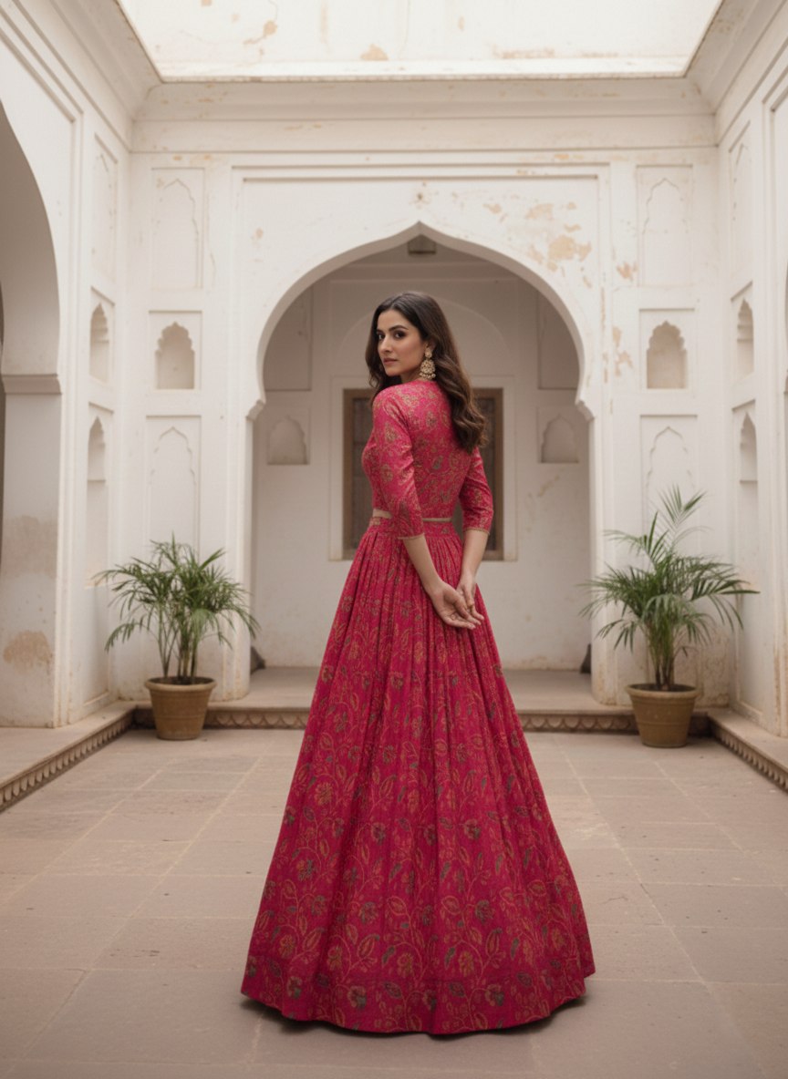 Magenta Pink Tasar Silk Designer Lehenga Choli with Floral Print, Gota Patti Touch Up & Matching Koti
