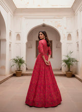 Magenta Pink Tasar Silk Designer Lehenga Choli with Floral Print, Gota Patti Touch Up & Matching Koti
