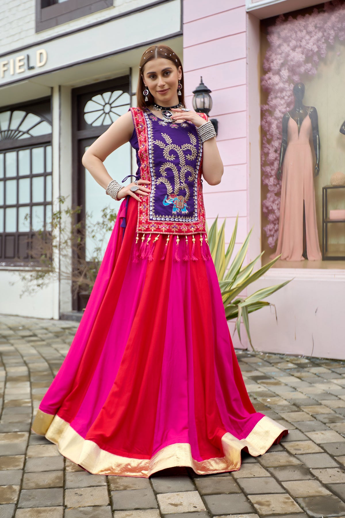 Purple & Red Pure Cotton Designer Lehenga Choli with Shrug & Lampi Lace Work