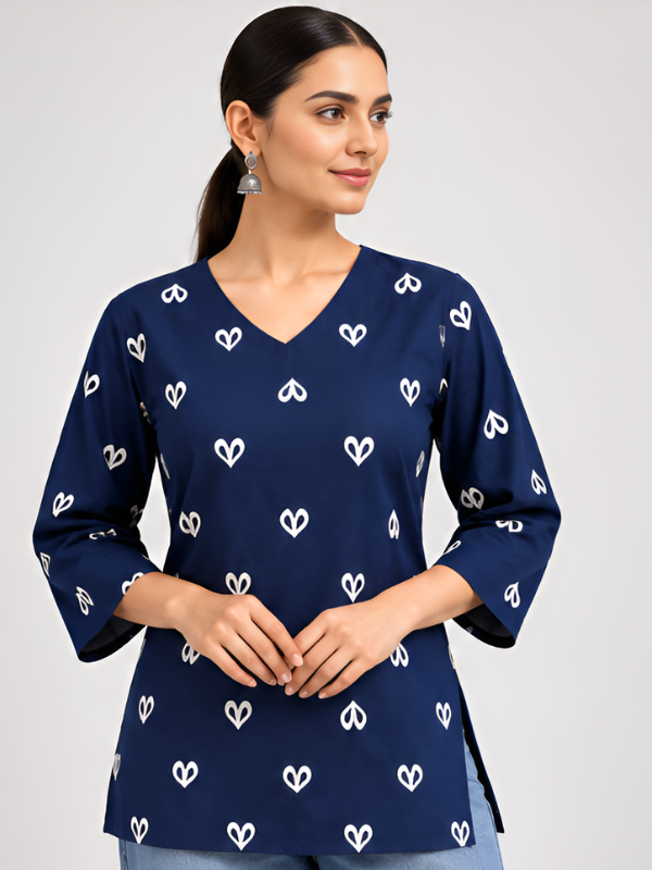 Navy Blue & White Heart Printed Cotton Designer Short Kurti for Women
