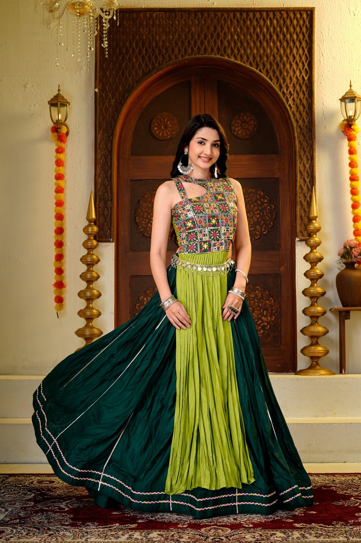 Bottle Green & Lime Green Pure Cotton Designer Lehenga Choli with Heavy Thread & Sequence Work