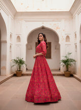 Magenta Pink Tasar Silk Designer Lehenga Choli with Floral Print, Gota Patti Touch Up & Matching Koti