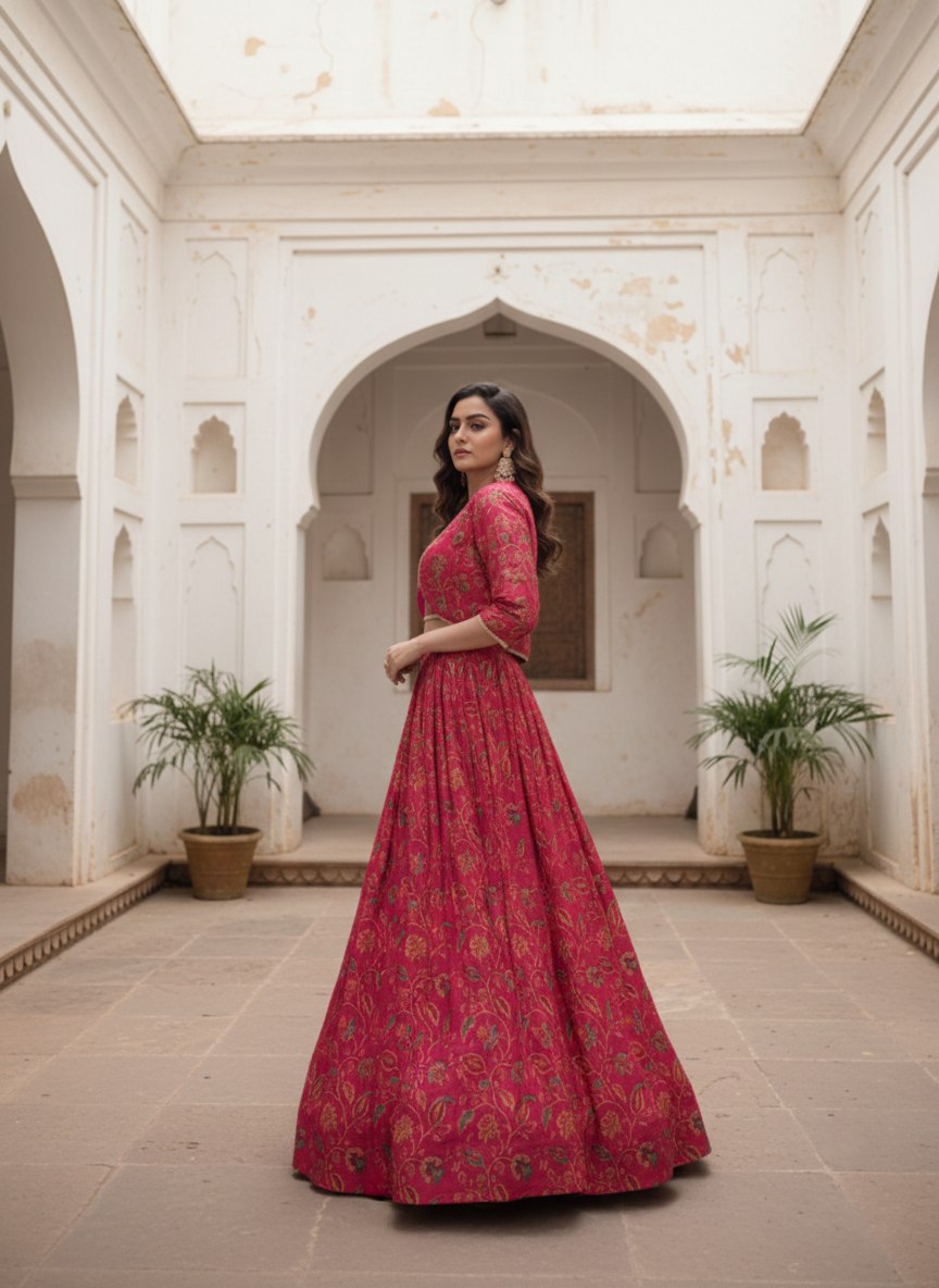 Magenta Pink Tasar Silk Designer Lehenga Choli with Floral Print, Gota Patti Touch Up & Matching Koti