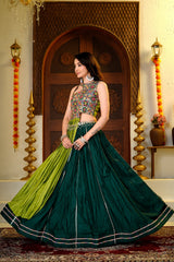 Bottle Green & Lime Green Pure Cotton Designer Lehenga Choli with Heavy Thread & Sequence Work