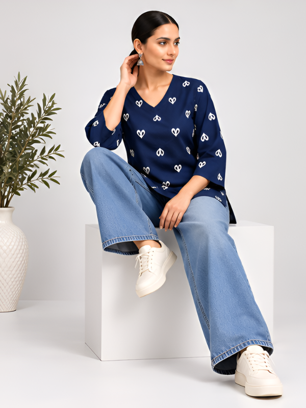 Navy Blue & White Heart Printed Cotton Designer Short Kurti for Women