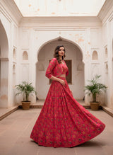 Magenta Pink Tasar Silk Designer Lehenga Choli with Floral Print, Gota Patti Touch Up & Matching Koti