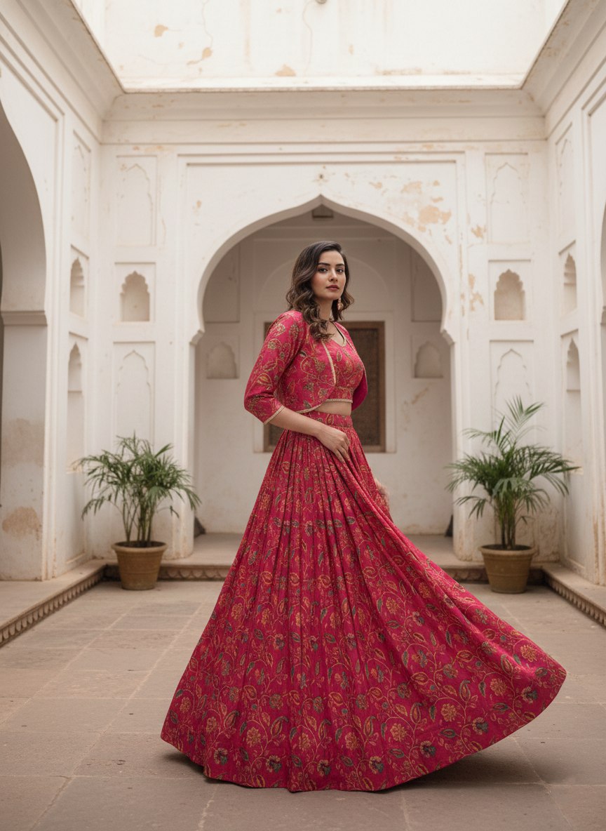 Magenta Pink Tasar Silk Designer Lehenga Choli with Floral Print, Gota Patti Touch Up & Matching Koti