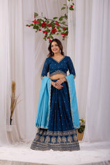 Peacock Blue Vichitra Silk Designer Lehenga Choli with Sequence Thread Work & Sky Blue Dupatta