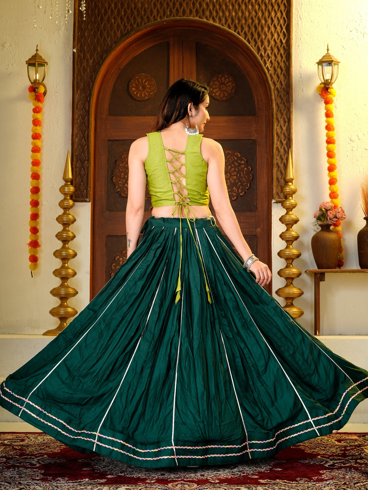 Bottle Green & Lime Green Pure Cotton Designer Lehenga Choli with Heavy Thread & Sequence Work