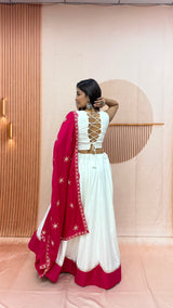 White & Magenta Pure Cotton Designer Lehenga Choli with Sequence Lace Work & Dupatta