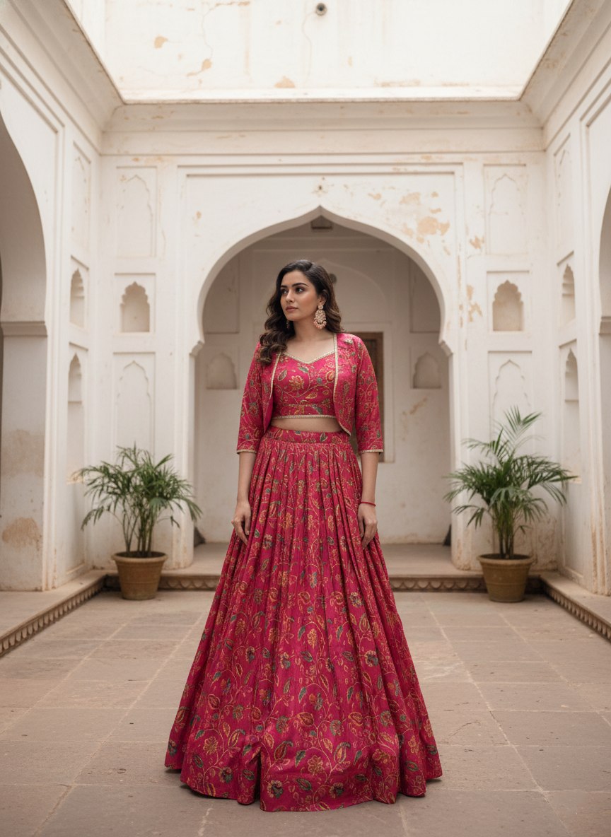Magenta Pink Tasar Silk Designer Lehenga Choli with Floral Print, Gota Patti Touch Up & Matching Koti