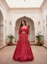 Magenta Pink Tasar Silk Designer Lehenga Choli with Floral Print, Gota Patti Touch Up & Matching Koti