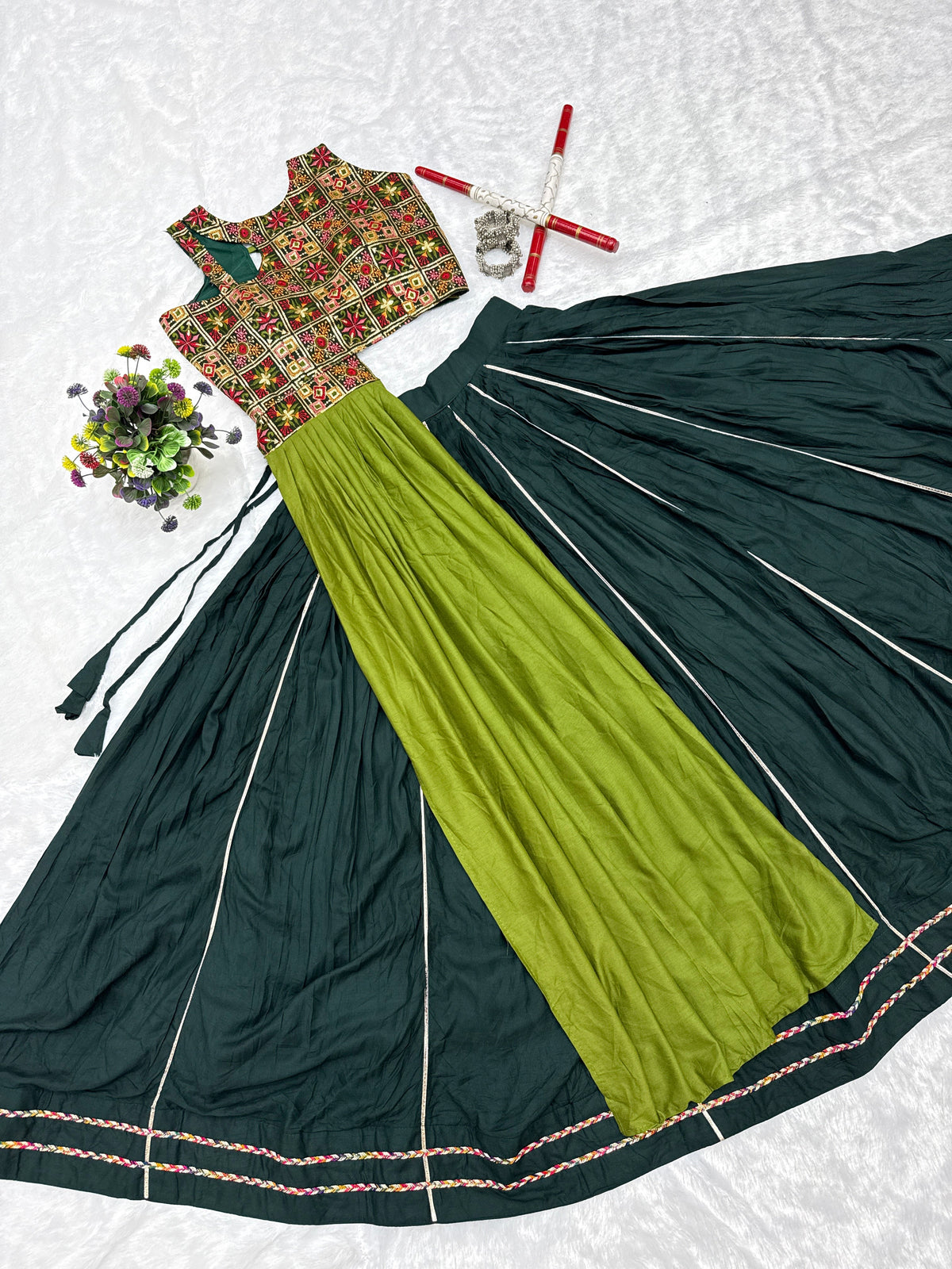 Bottle Green & Lime Green Pure Cotton Designer Lehenga Choli with Heavy Thread & Sequence Work