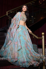 Sky Blue Floral Printed Taby Silk Designer Lehenga Choli with Hand Real Mirror & Sequins Work Set