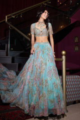 Sky Blue Floral Printed Taby Silk Designer Lehenga Choli with Hand Real Mirror & Sequins Work Set