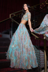Sky Blue Floral Printed Taby Silk Designer Lehenga Choli with Hand Real Mirror & Sequins Work Set