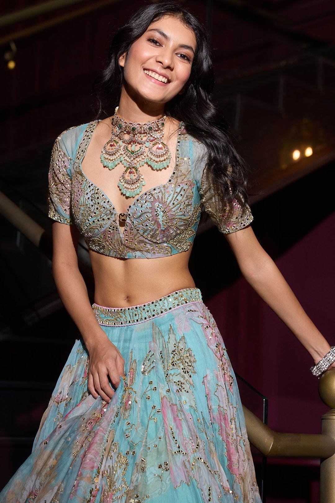 Sky Blue Floral Printed Taby Silk Designer Lehenga Choli with Hand Real Mirror & Sequins Work Set