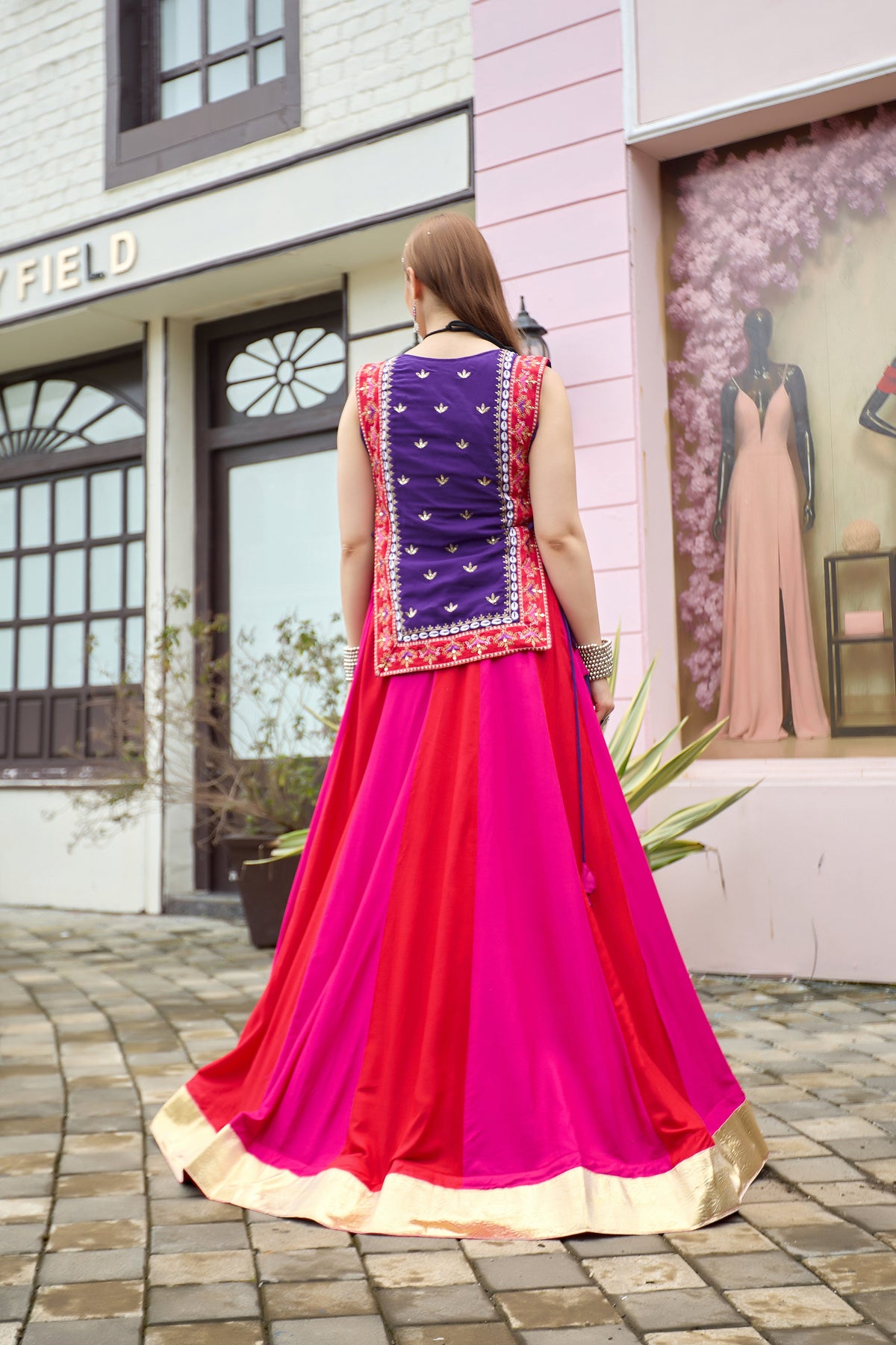 Purple & Red Pure Cotton Designer Lehenga Choli with Shrug & Lampi Lace Work