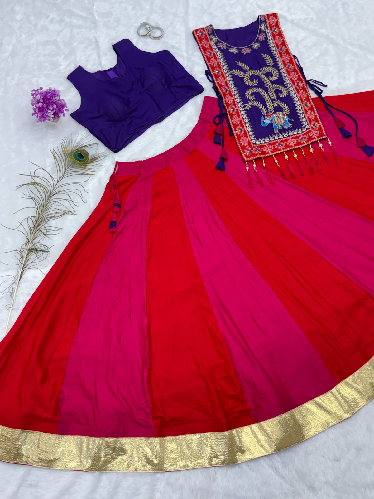 Purple & Red Pure Cotton Designer Lehenga Choli with Shrug & Lampi Lace Work