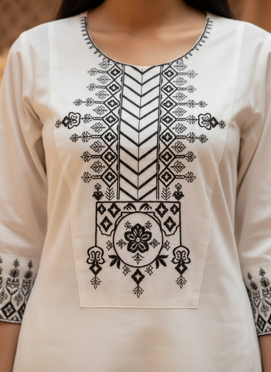 White Khadi Cotton Black Thread Embroidered Designer Kurti with Pants Set
