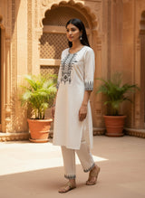 White Khadi Cotton Black Thread Embroidered Designer Kurti with Pants Set