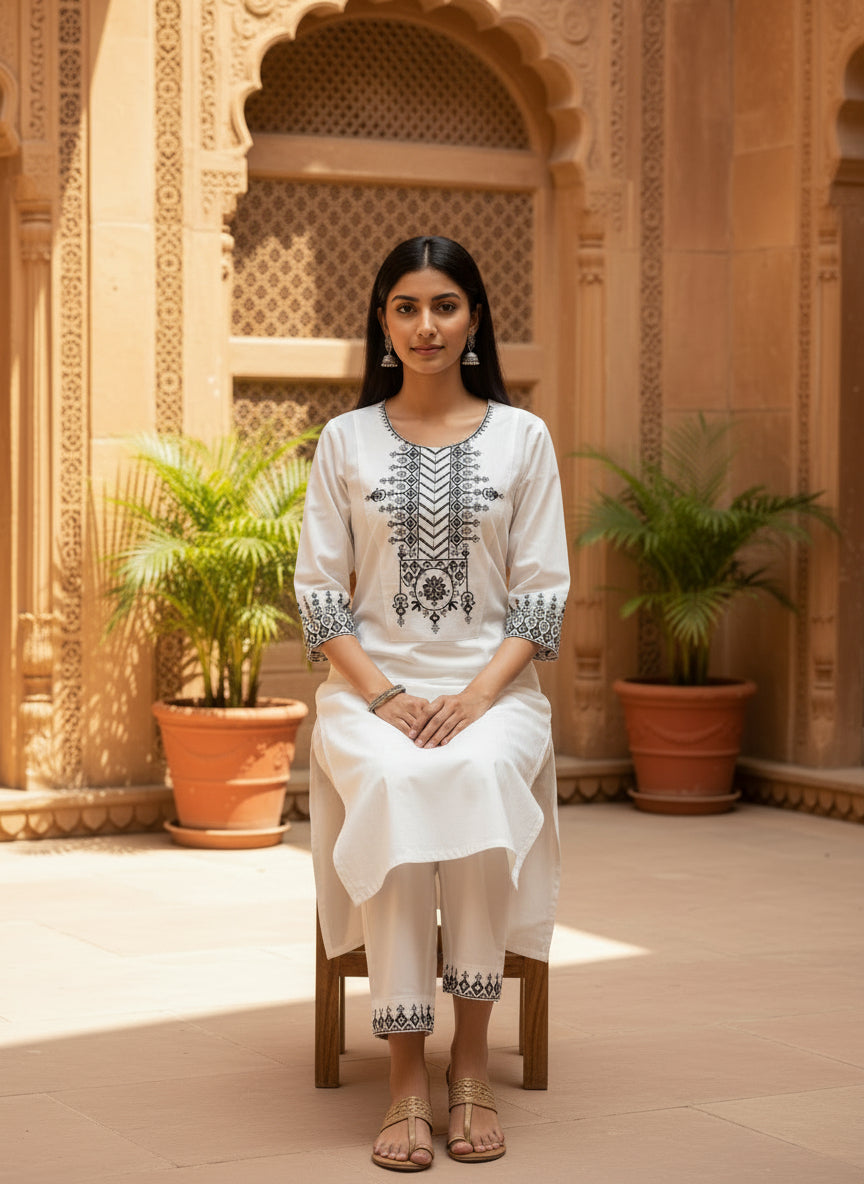 White Khadi Cotton Black Thread Embroidered Designer Kurti with Pants Set